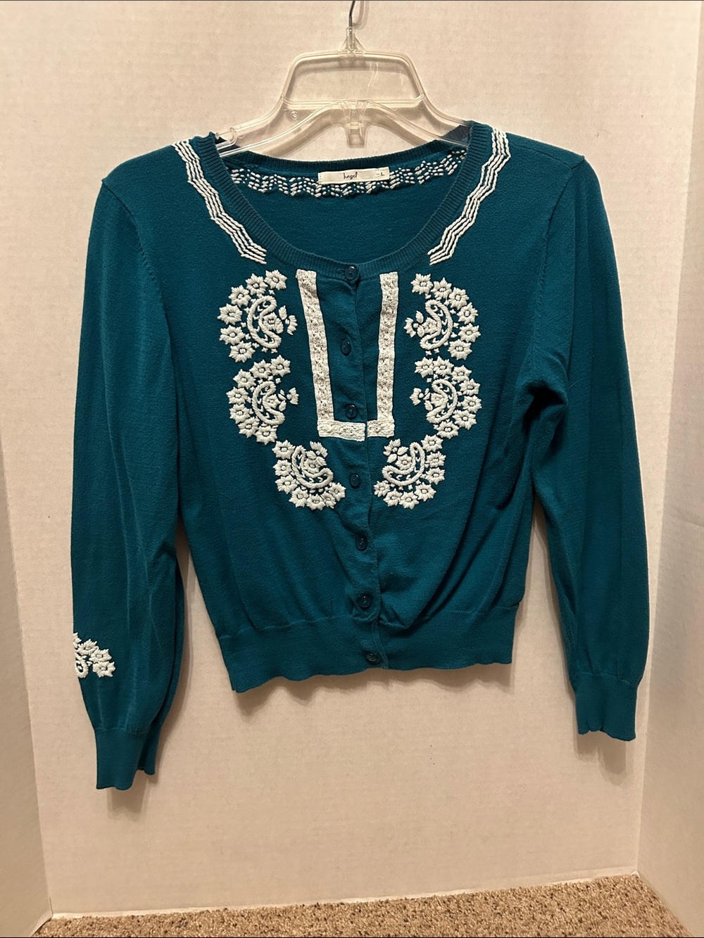 hazel Teal Cardigan with White Embroidered Details